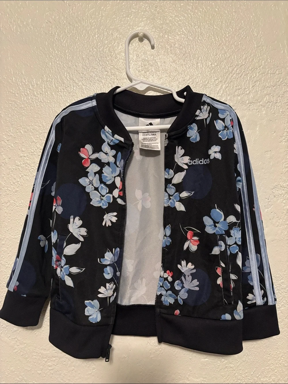 adidas Black Floral Track Jacket with Blue and Pink Accents